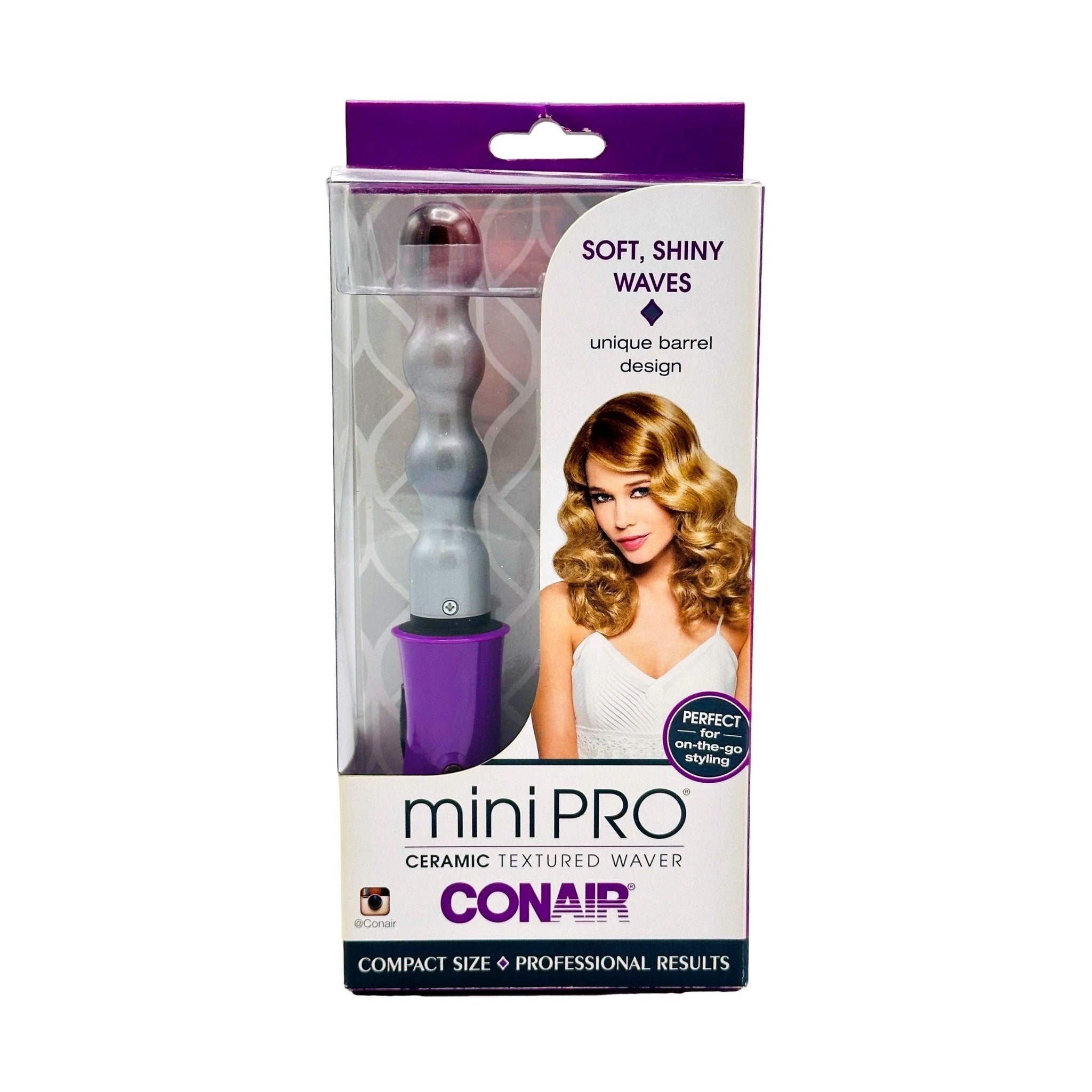 Box of a Conair Mini Pro ceramic hair waver with model showing wavy hair.